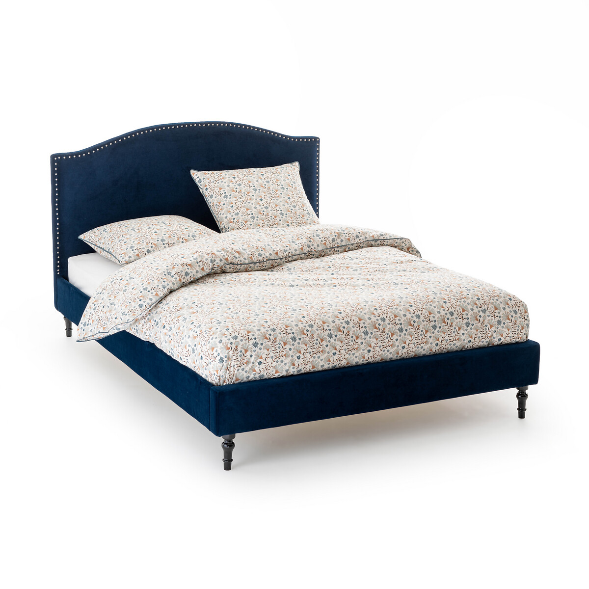 Кровать Из велюра с отделкой заклепками с кроватным основанием Andante 140 x 190 см синий