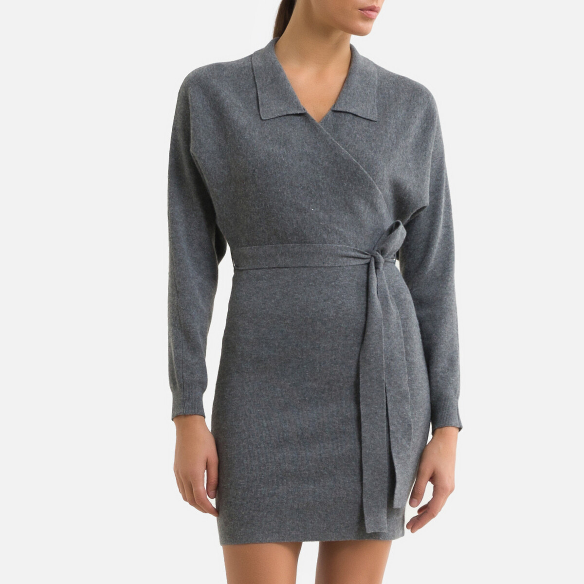 Платье-пуловер LaRedoute Платье-пуловер Облегающее с завязками L серый