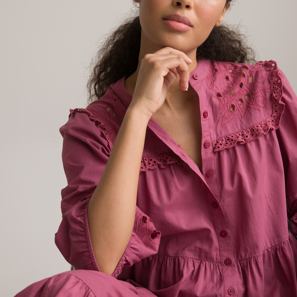 Платье-макси На пуговицах с вышивкой 58 розовый LaRedoute, размер 58 - фото 3