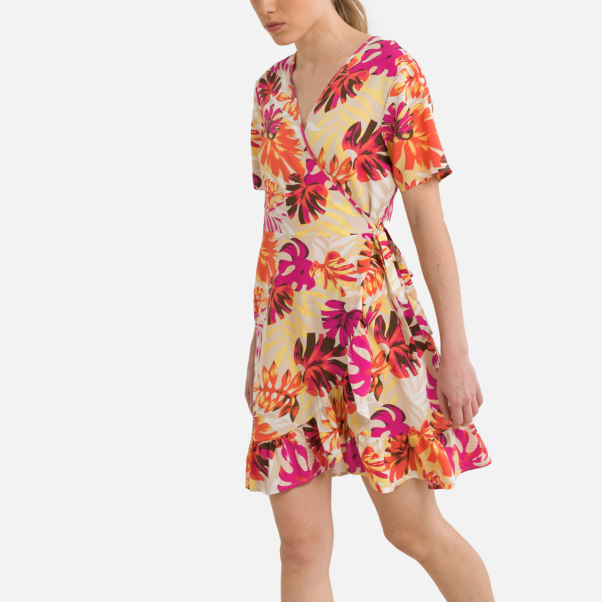 Платье Короткое с принтом листья с V-образным вырезом L бежевый