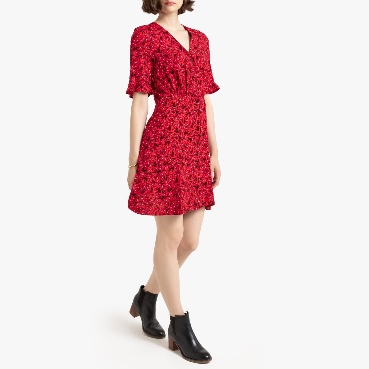 Платье La Redoute Короткое расклешенное с V-образным вырезом и короткими рукавами 34 (FR) - 40 (RUS) красный, размер 34 (FR) - 40 (RUS) Короткое расклешенное с V-образным вырезом и короткими рукавами 34 (FR) - 40 (RUS) красный - фото 2