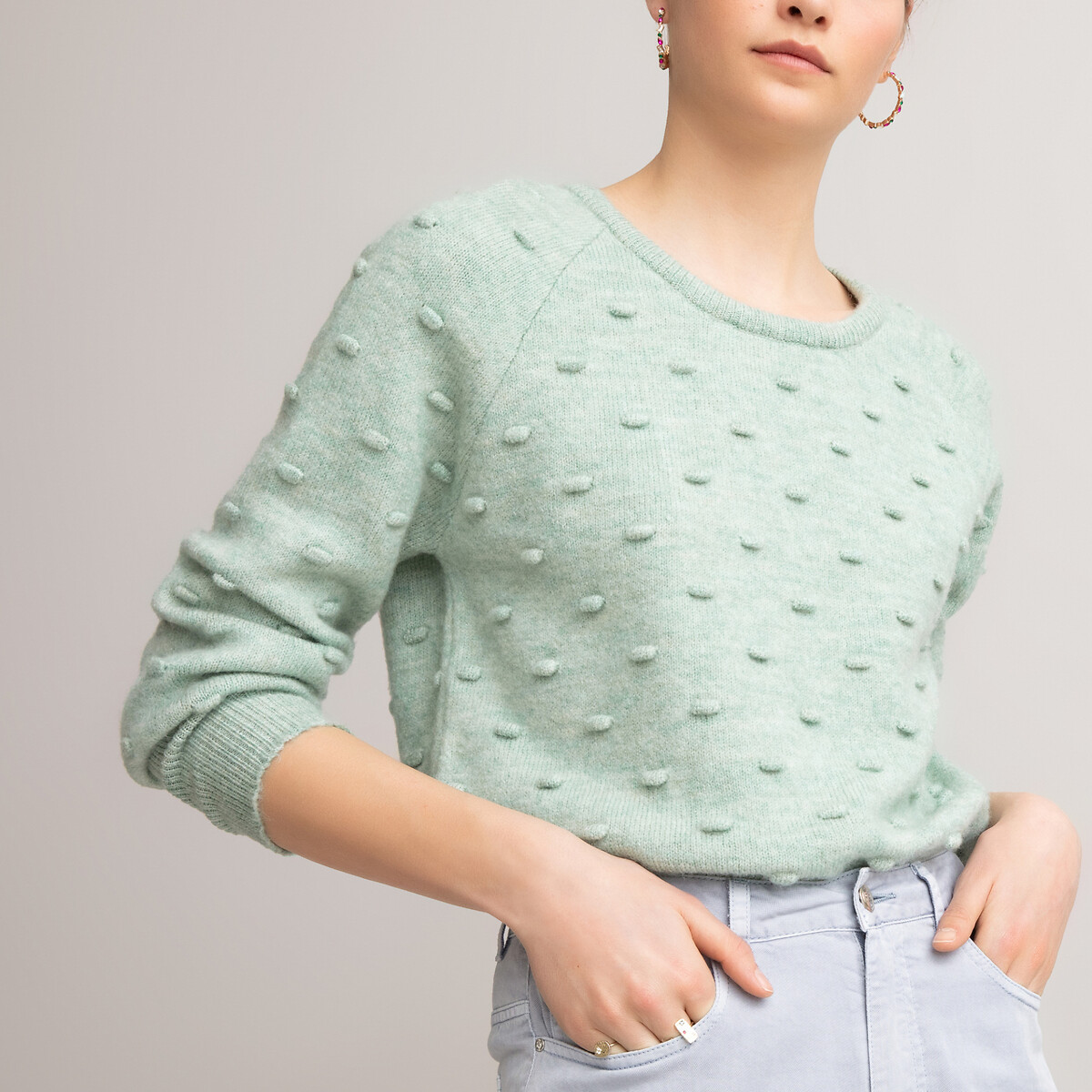 Пуловер LaRedoute С вырезом-лодочка с эффектом в горошек XL зеленый, размер XL - фото 1