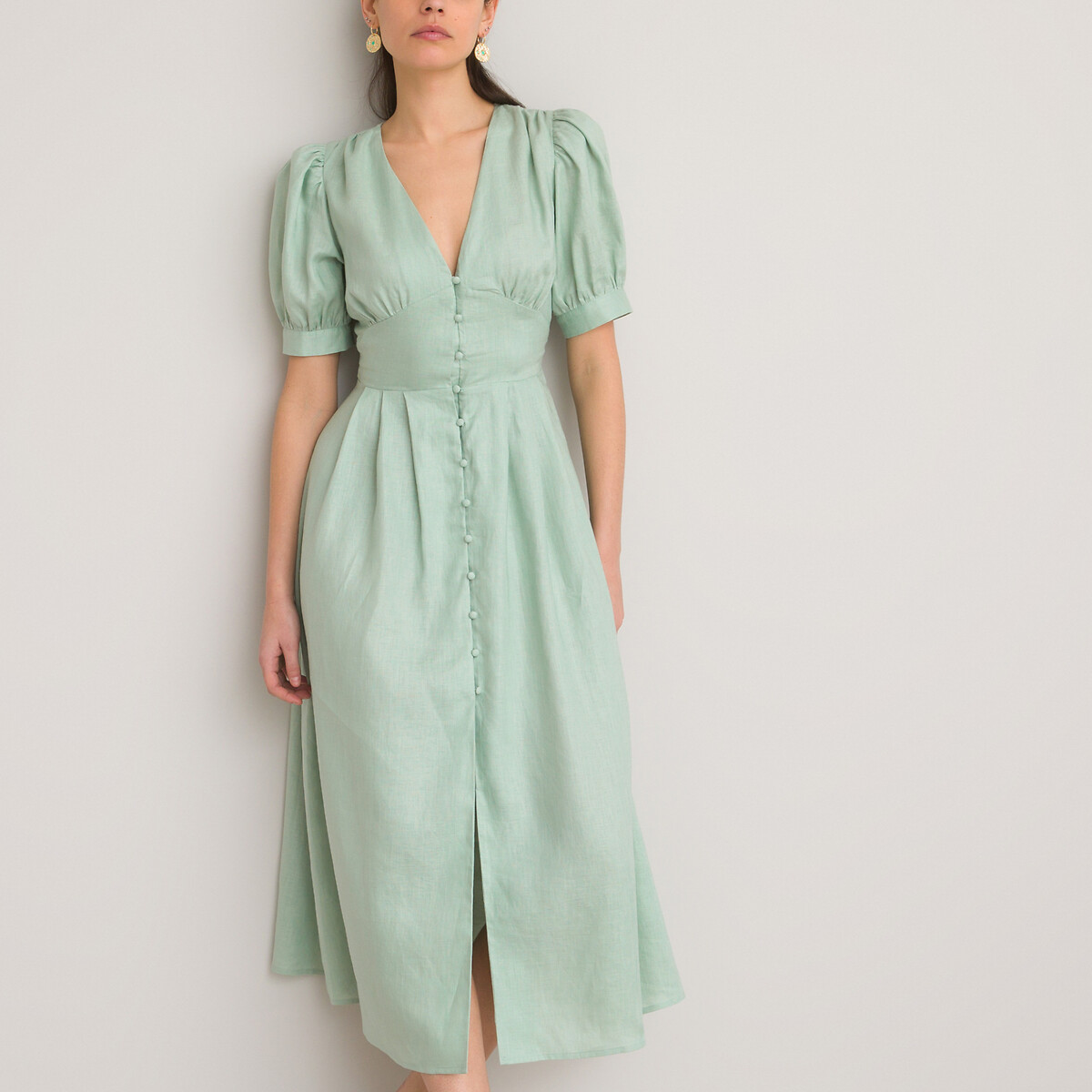 Платье LA REDOUTE COLLECTIONS Из льна длинное V-образный вырез короткие рукава 40 зеленый, размер 40 - фото 1