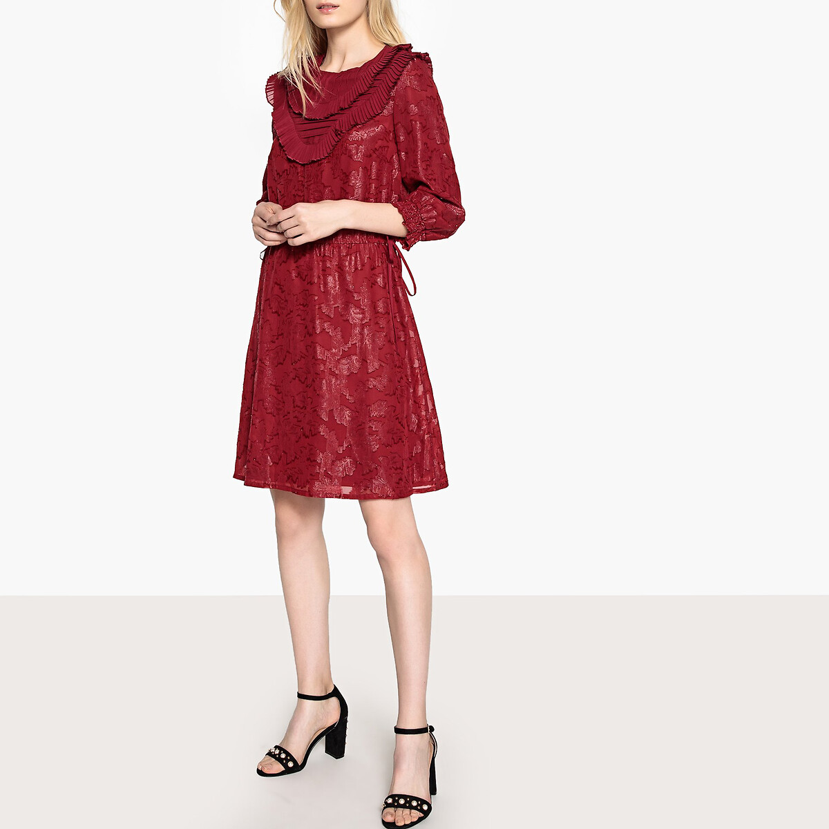 Платье LaRedoute Из рельефной ткани рукавами 34 и воланами 42 красный, размер 42 - фото 2