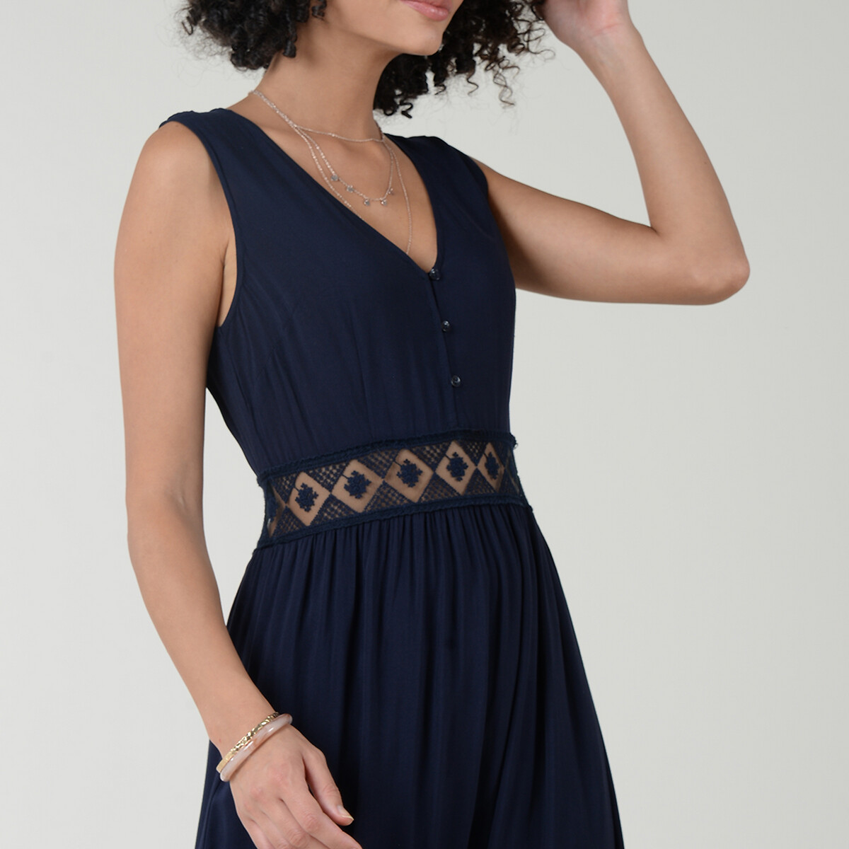 Платье LaRedoute Длинное V-образный вырез на пуговицах с ажурными деталями XS синий, размер XS - фото 4