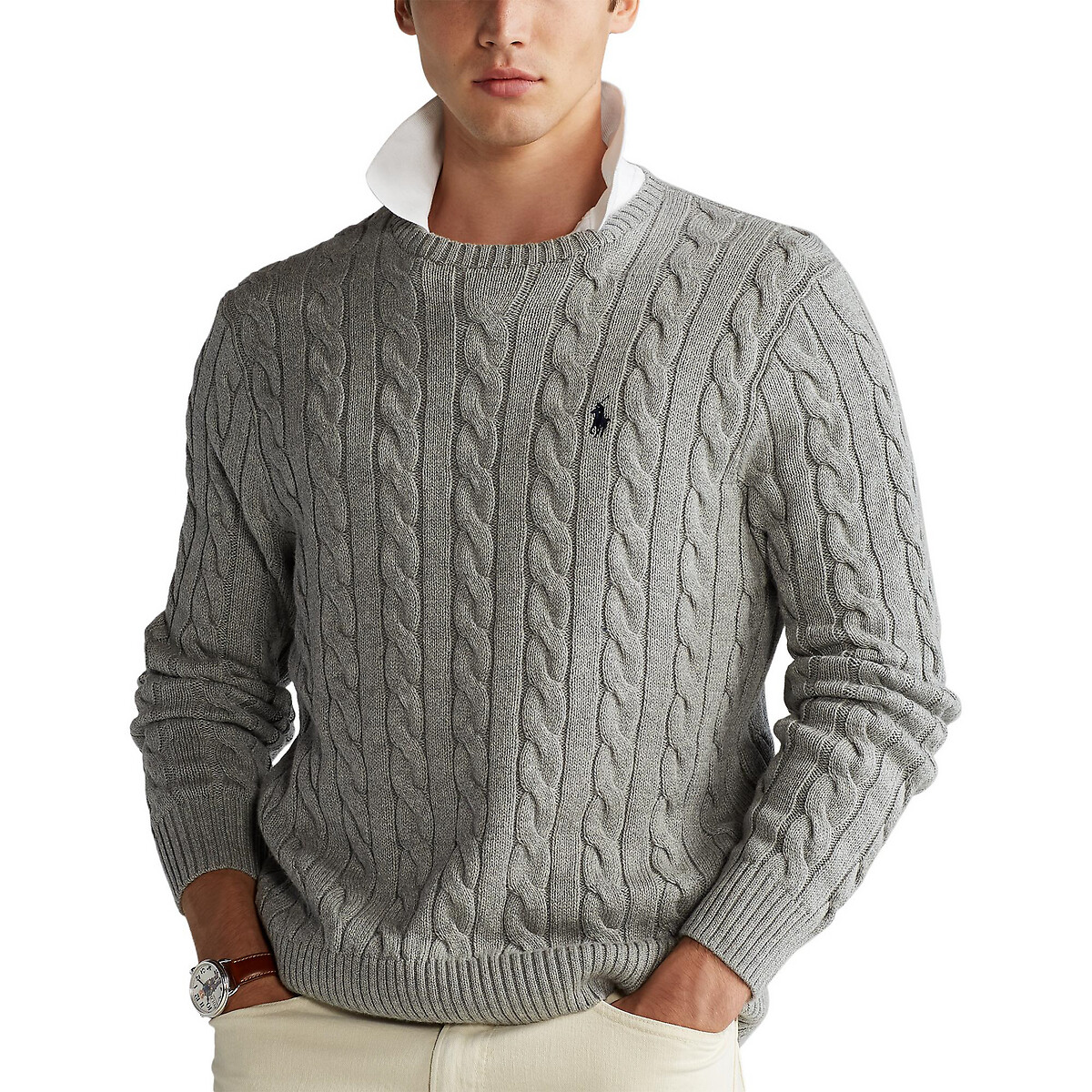 Пуловер С круглым вырезом и узором косы из хлопкового трикотажа M серый