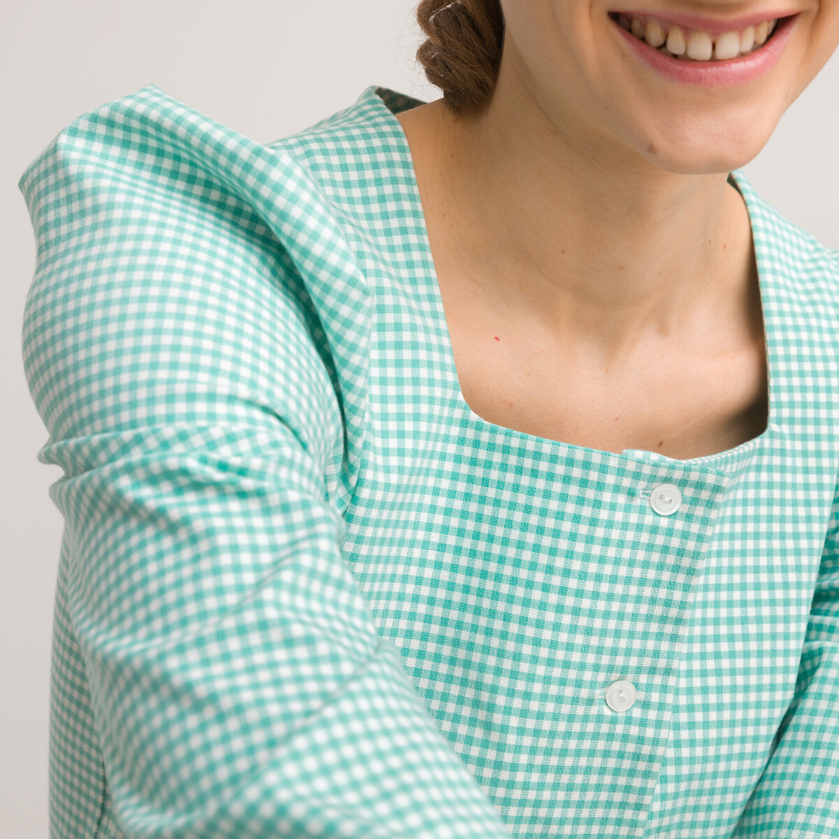 Блузка В клетку виши с квадратным вырезом и длинными рукавами 34 (FR) - 40 (RUS) зеленый