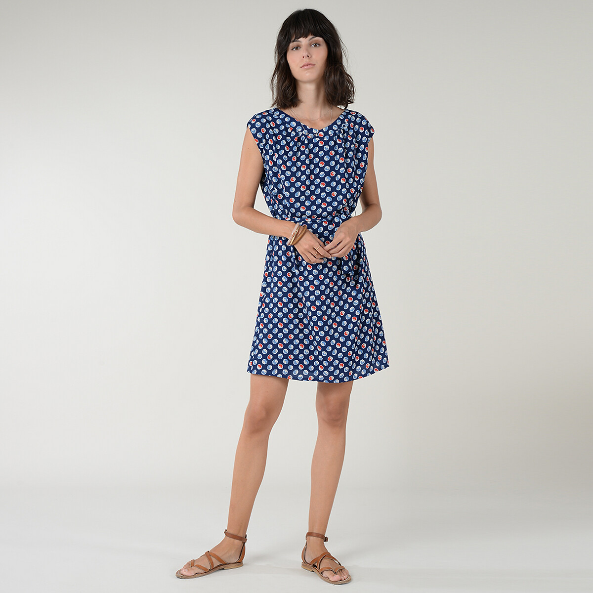 Платье LaRedoute Короткое с принтом без рукавов с ремешком XS синий, размер XS - фото 2