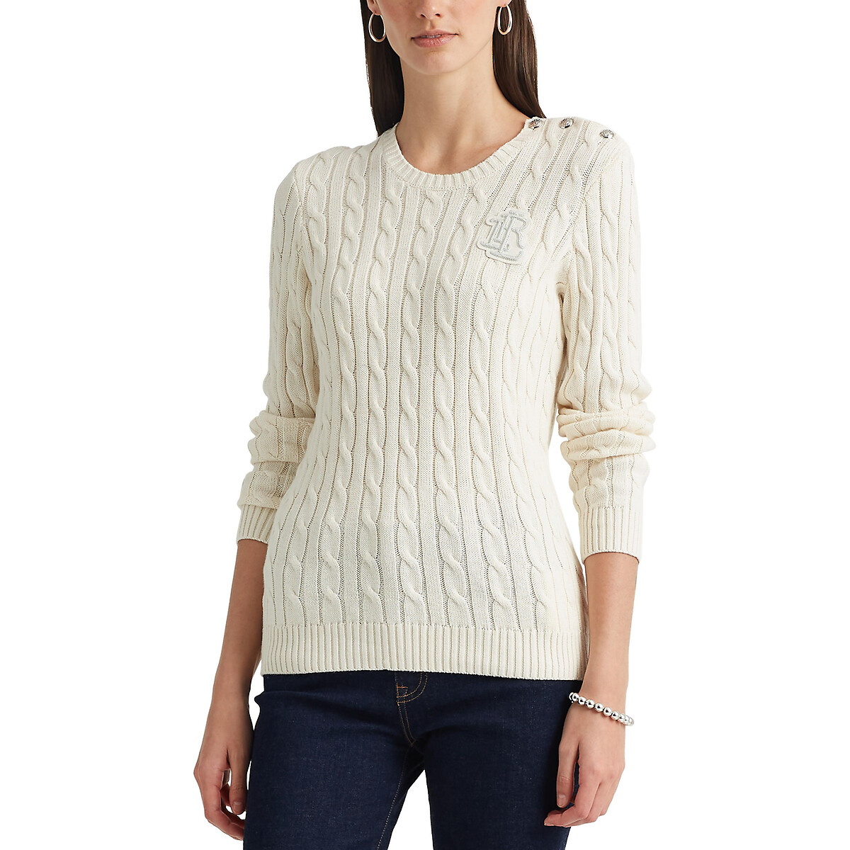 Пуловер LAUREN RALPH LAUREN С круглым вырезом из трикотажа с узором косы M бежевый, размер M - фото 1
