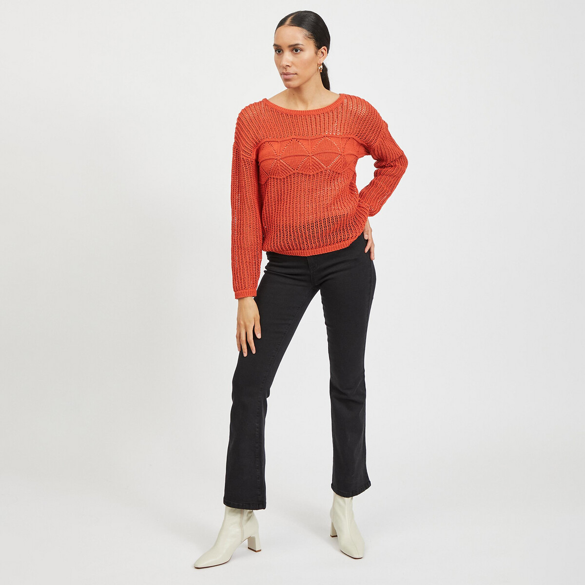 Пуловер LaRedoute С круглым вырезом из тонкого ажурного трикотажа XS оранжевый, размер XS - фото 2