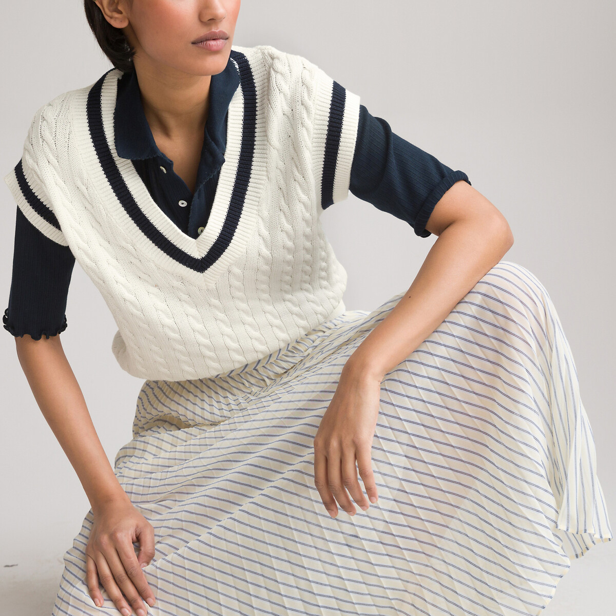 Пуловер LA REDOUTE COLLECTIONS Без рукавов с v-образным вырезом из плетеного трикотажа XL белый, размер XL - фото 3