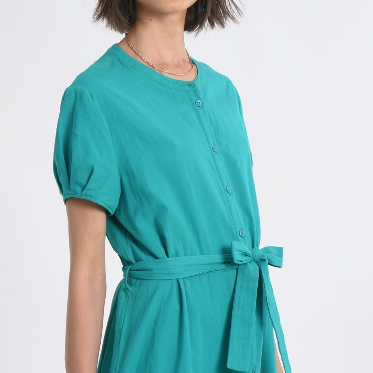 Платье Короткое на пуговицах пояс с завязками L зеленый LaRedoute, размер L - фото 3