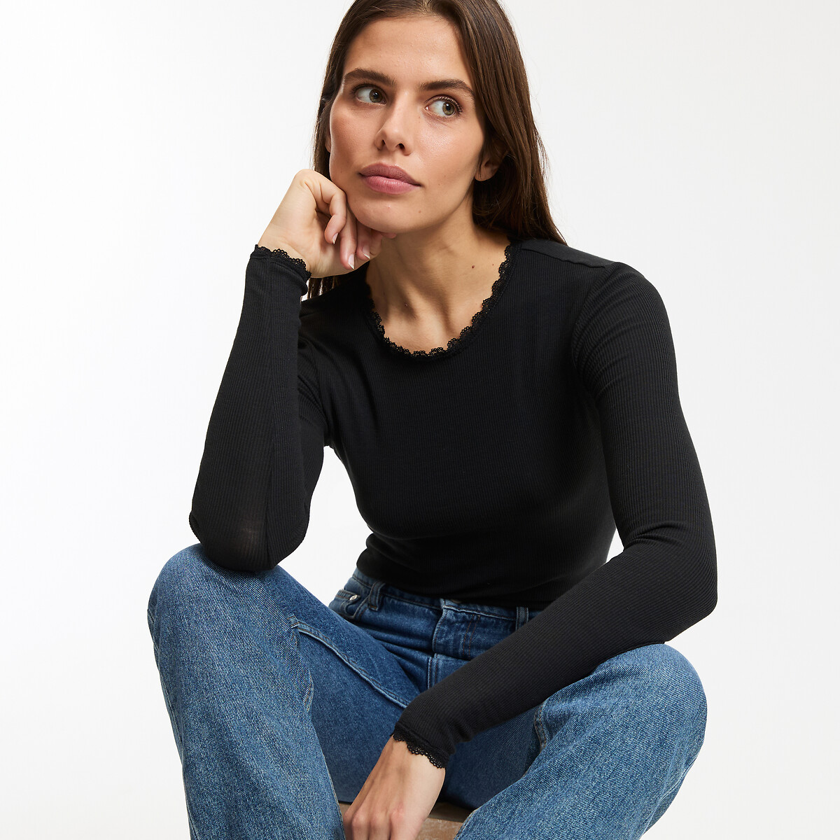 LA REDOUTE COLLECTIONS Лонгслив с кружевными деталями S черный