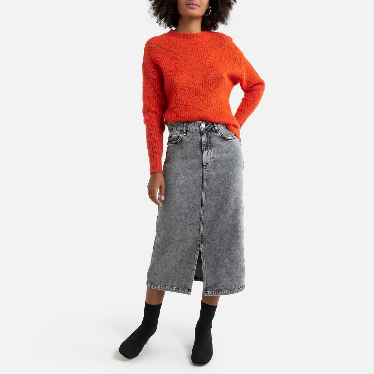 Пуловер La Redoute Объемного покроя с круглым вырезом из плотного трикотажа S оранжевый, размер S - фото 2