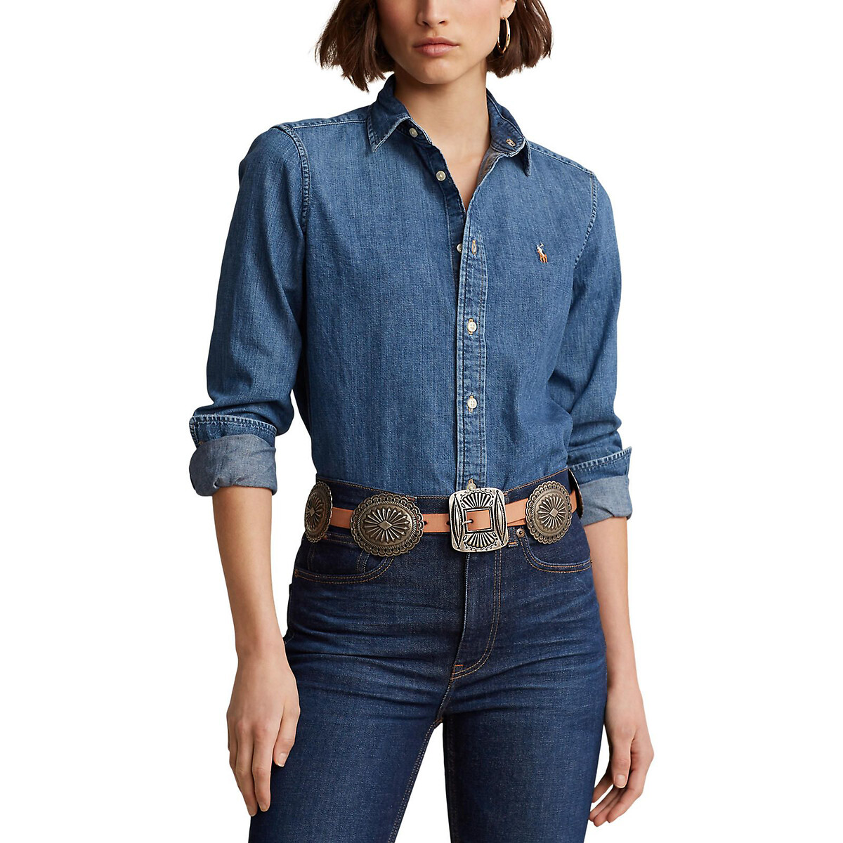 Рубашка из джинсовой ткани с длинными рукавами 42 (FR) - 48 (RUS) синий рубашка струящаяся с длинными рукавами из жаккарда 42 fr 48 rus розовый