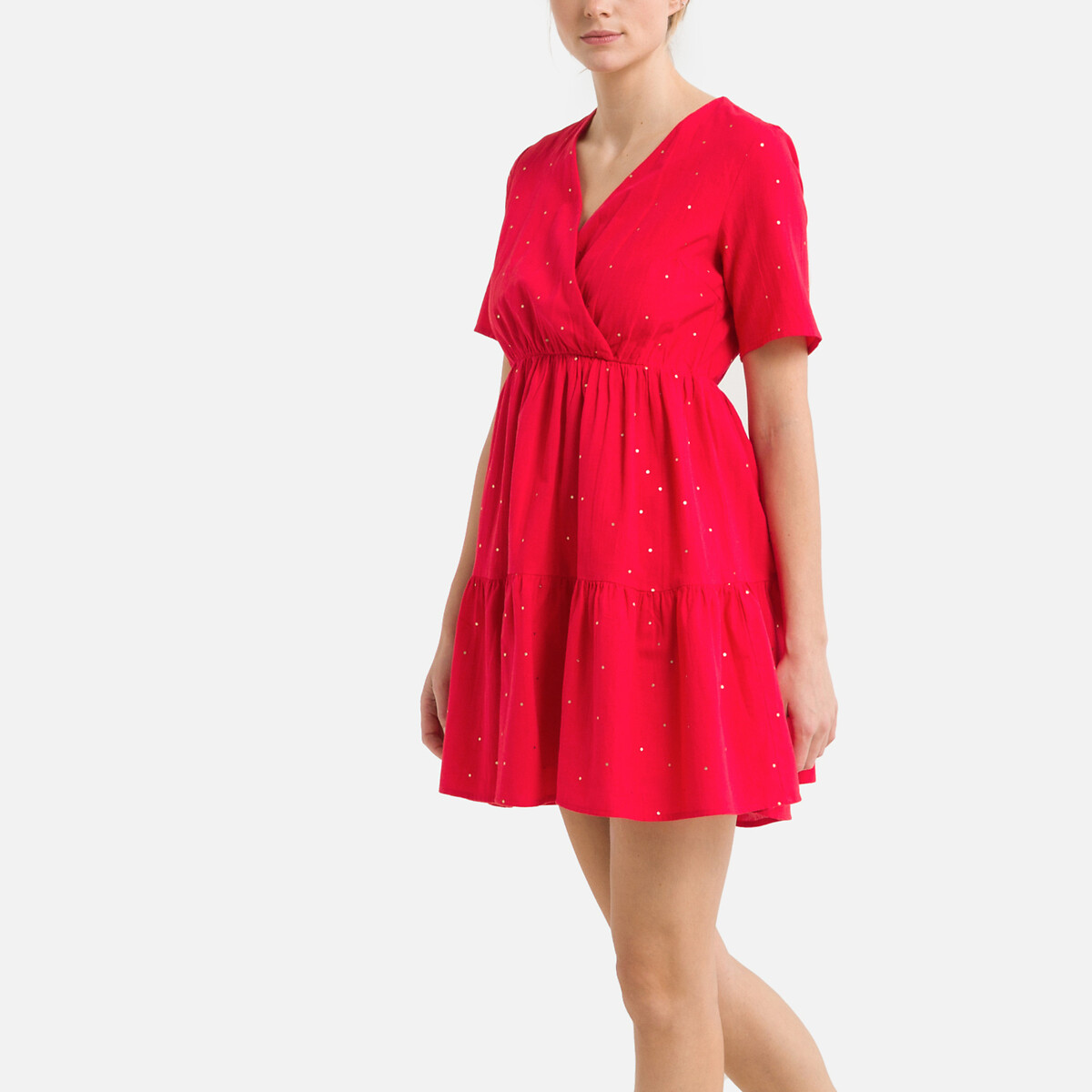 Платье Короткое с принтом в золотистый горошек S красный