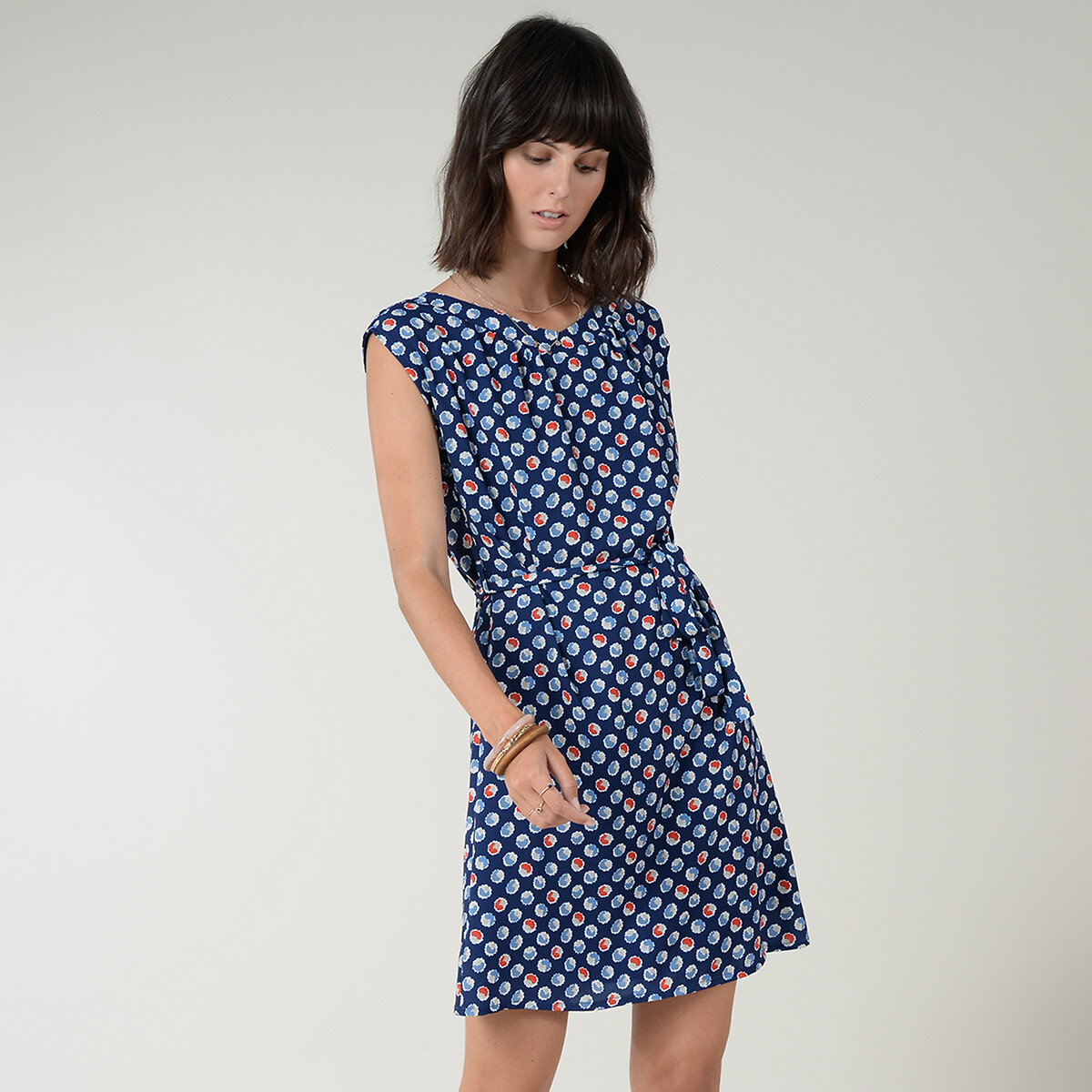 Платье LaRedoute Короткое с принтом без рукавов с ремешком XS синий, размер XS - фото 1