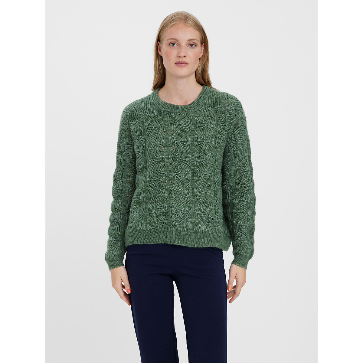 Пуловер С круглым вырезом из ажурного трикотажа M зеленый