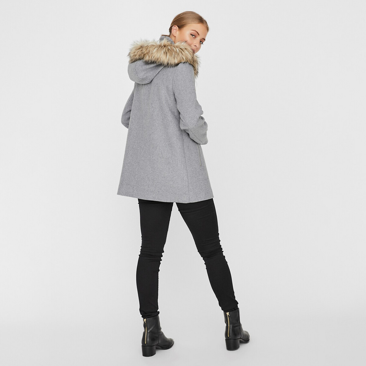 Пальто LaRedoute Средней длины капюшон с имитацией меха M серый, размер M - фото 3