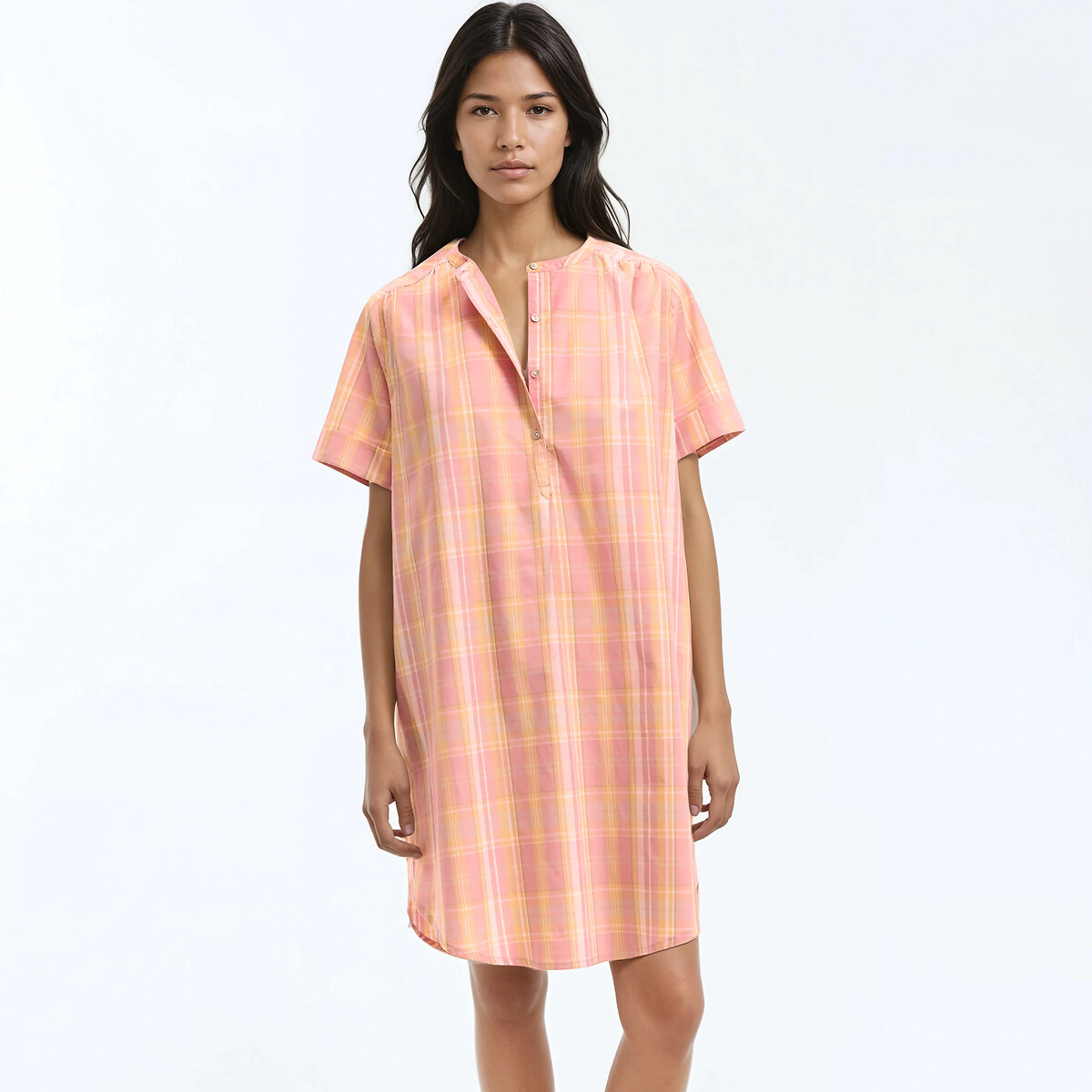 LA REDOUTE COLLECTIONS Хлопковая ночная сорочка с воротником в тунисском стиле в клетку L красный