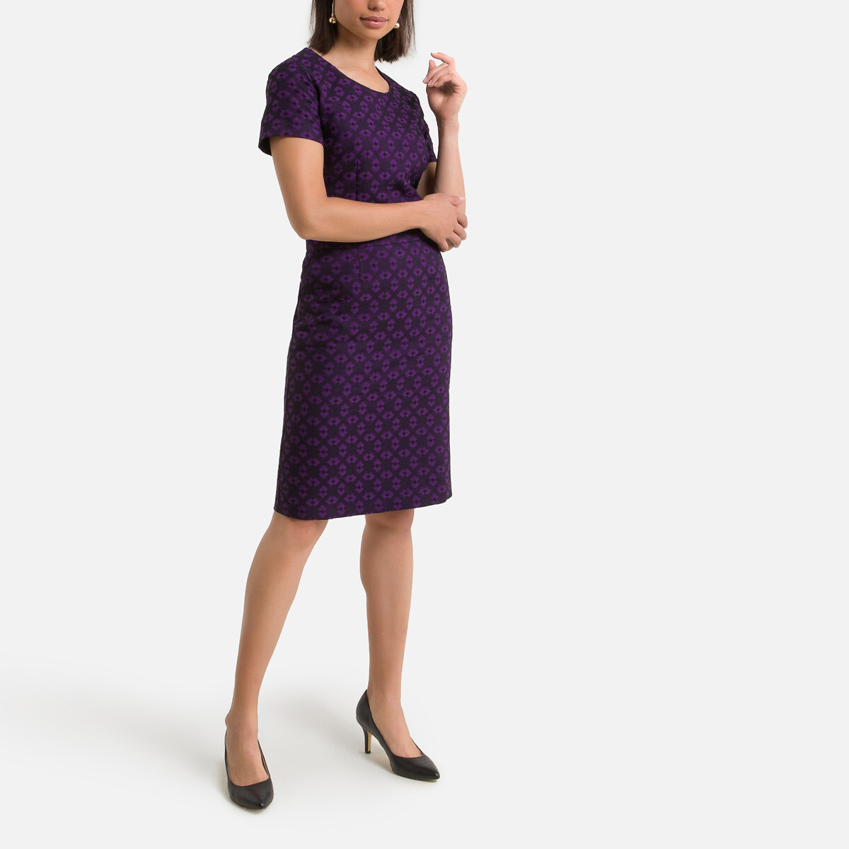 Платье LaRedoute Прямое из жаккарда миди короткие рукава 54 фиолетовый, размер 54 - фото 2
