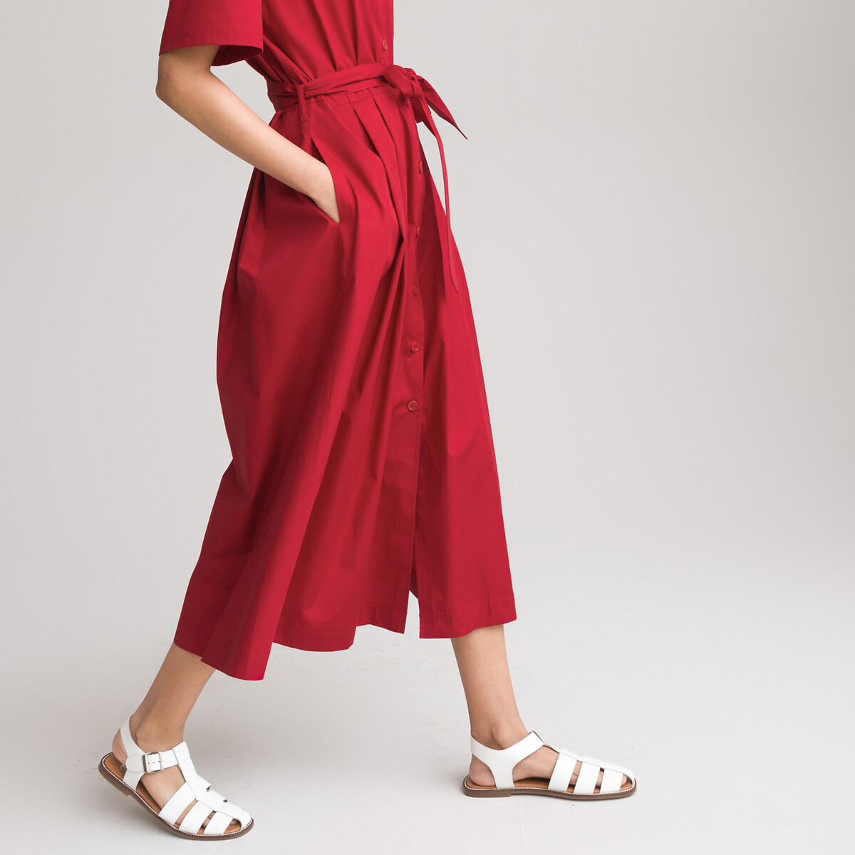 Платье-рубашка LA REDOUTE COLLECTIONS Длинное расклешенное из хлопка 46 красный, размер 46 - фото 3