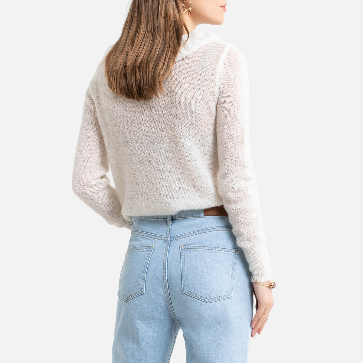 Пуловер La Redoute С круглым вырезом с воланом и длинными рукавами S белый, размер S - фото 4