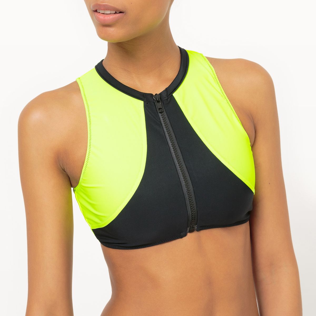 Haut de maillot de bain, brassière zippée, bicolor