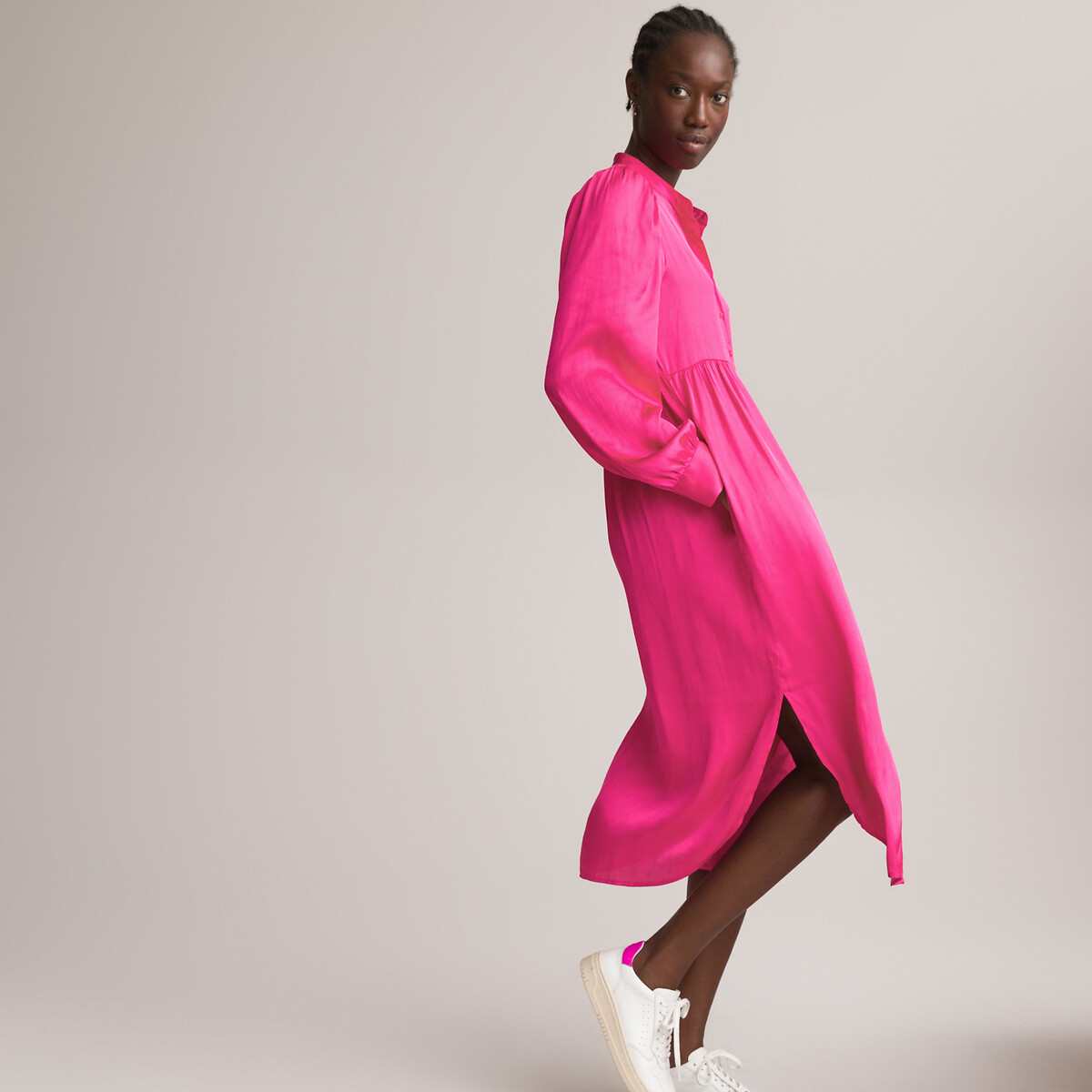 Длинное LA REDOUTE COLLECTIONS Длинное Платье-рубашка с длинными рукавами 46 розовый, размер 46 - фото 3