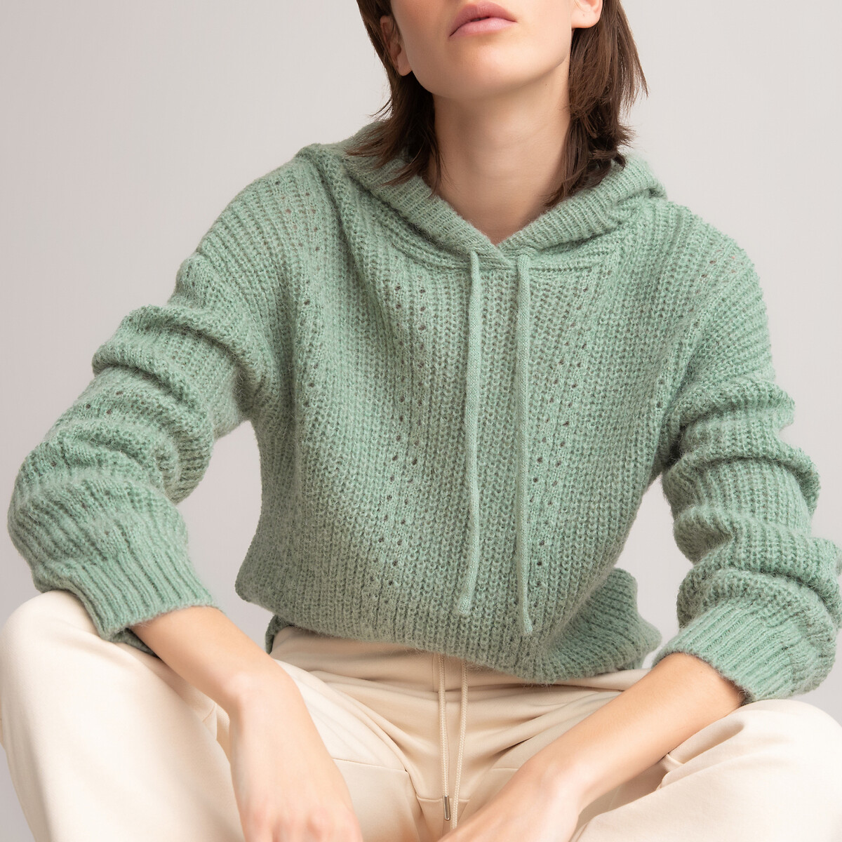 Пуловер LaRedoute С капюшоном из тонкого трикотажа M зеленый, размер M - фото 1