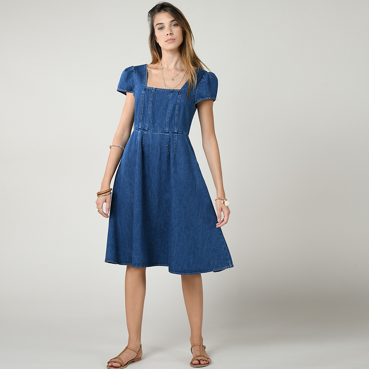 Платье LaRedoute Из денима квадратный вырез открытая спинка XS синий, размер XS - фото 2