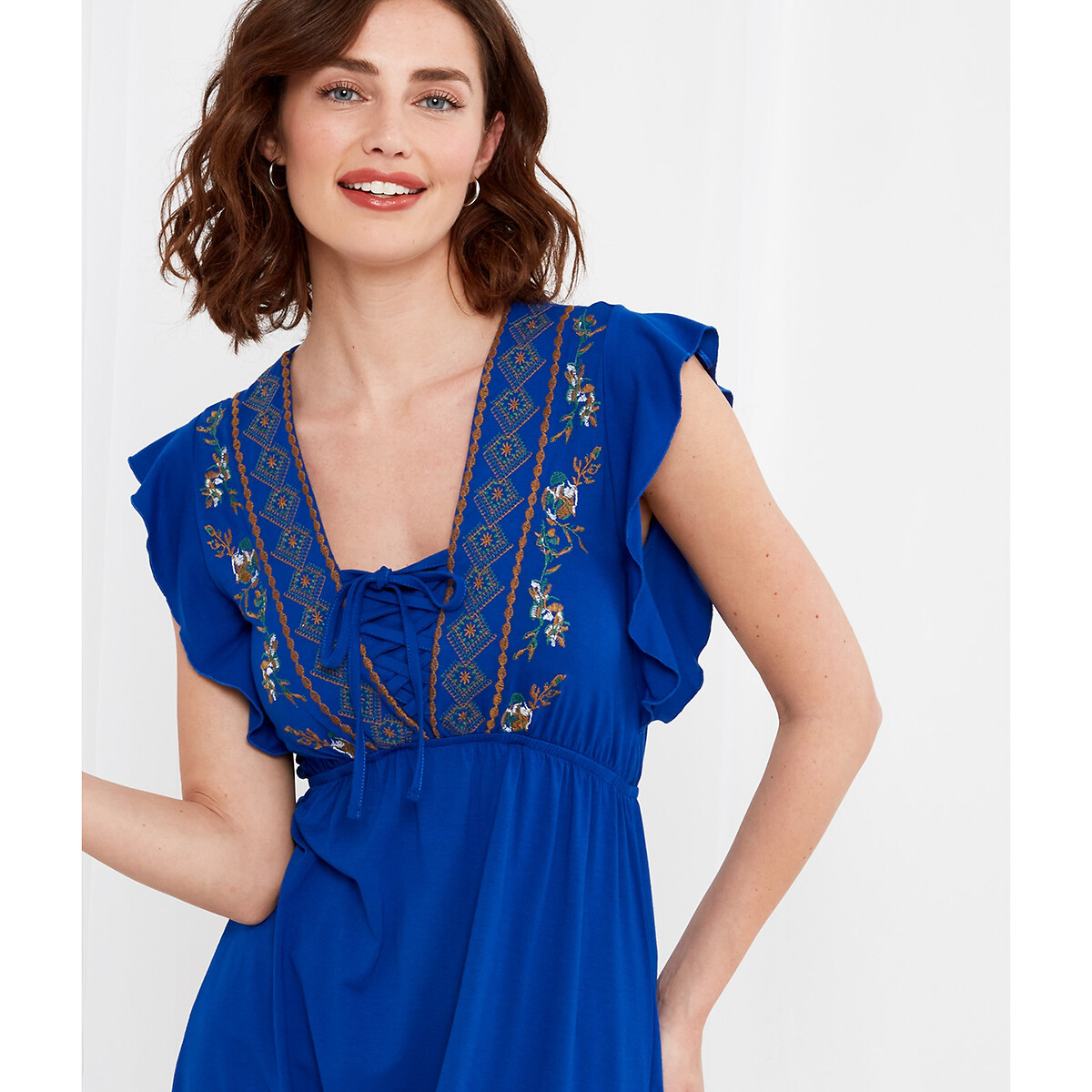 Платье Расклешенное с короткими рукавами и вышивкой 42 синий LaRedoute, размер 42 - фото 2