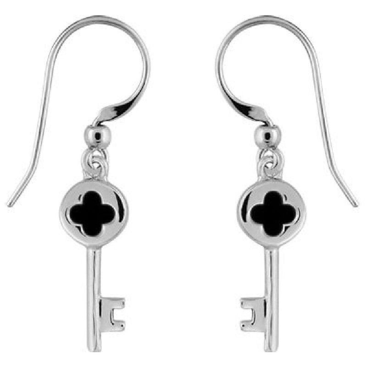 Boucles d'oreilles Pendant Joaillerie Clef Onyx Imitation Noir Sertissage Main Argent 925