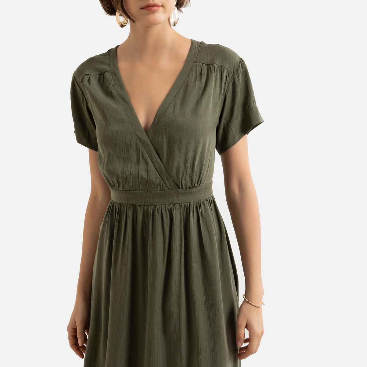 Платье-миди LaRedoute С короткими рукавами и V-образным вырезом 0(XS) зеленый, размер 0(XS) С короткими рукавами и V-образным вырезом 0(XS) зеленый - фото 3