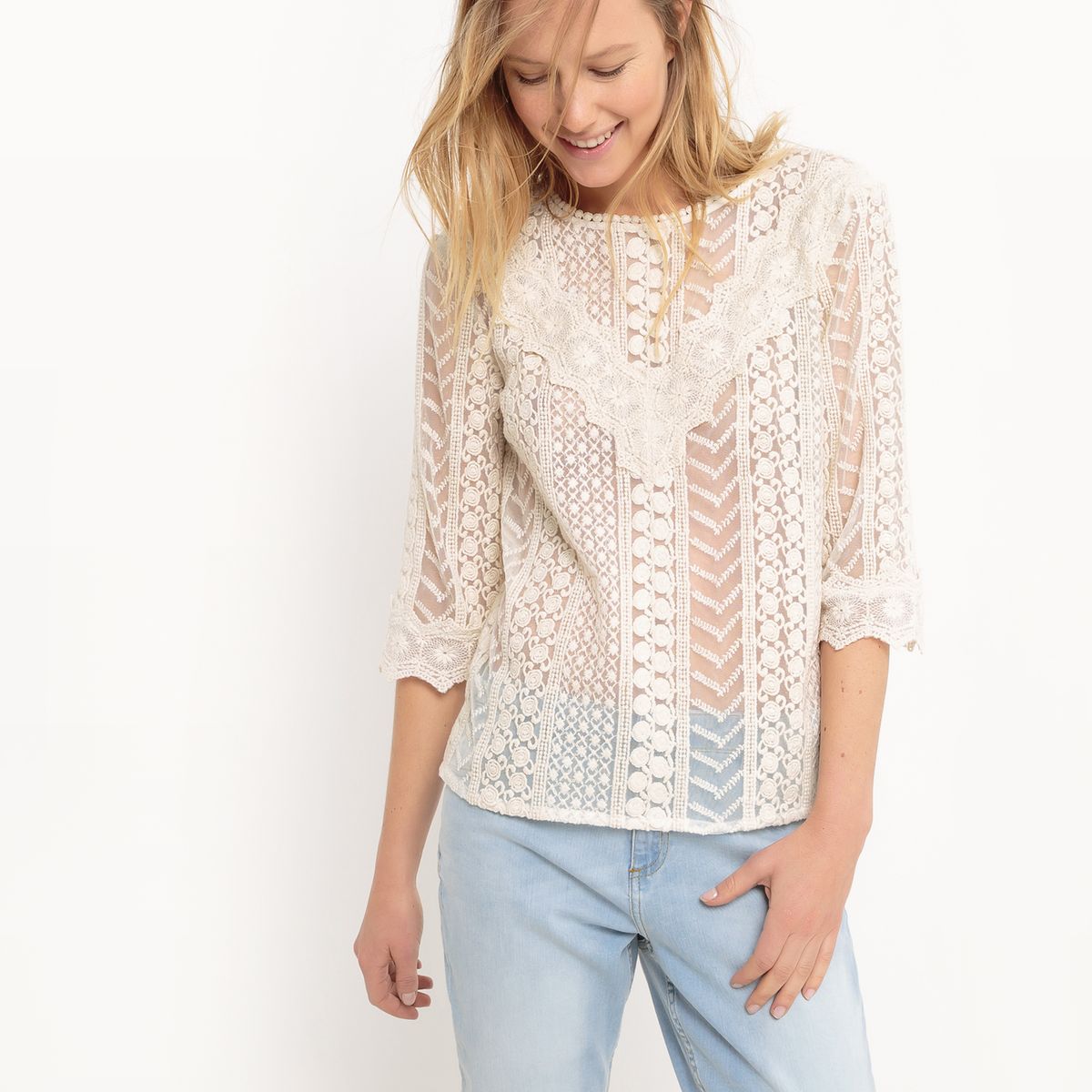 Blouse col rond uni, manches courtes