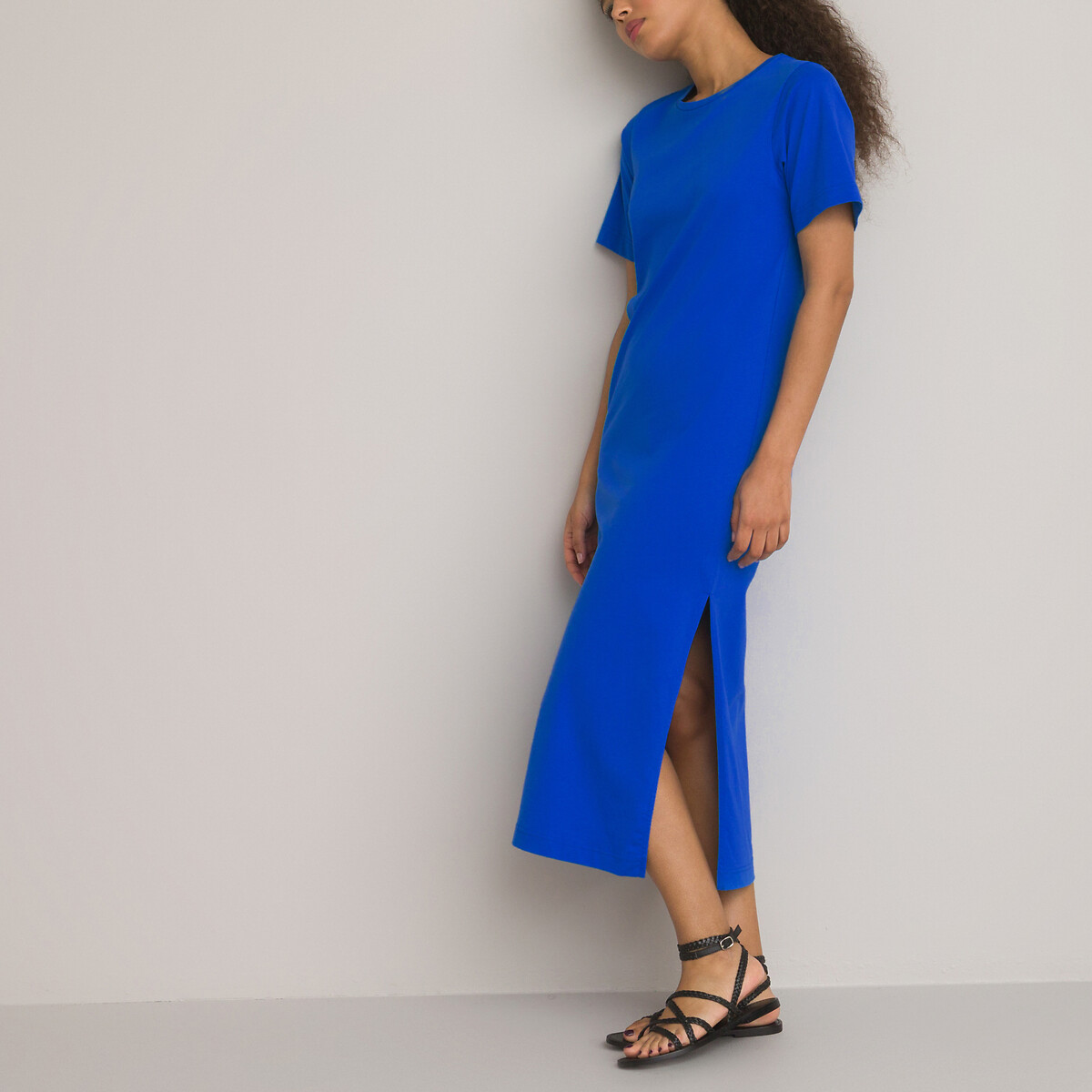 Платье-футболка Длинное с круглым вырезом и короткими рукавами XS синий LaRedoute, размер XS - фото 1