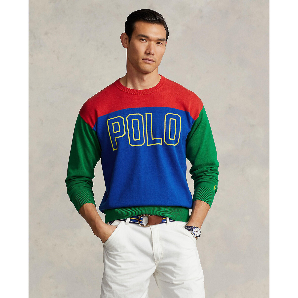 Пуловер Оверсайз с круглым вырезом из хлопка колорблок L разноцветный LaRedoute, размер L