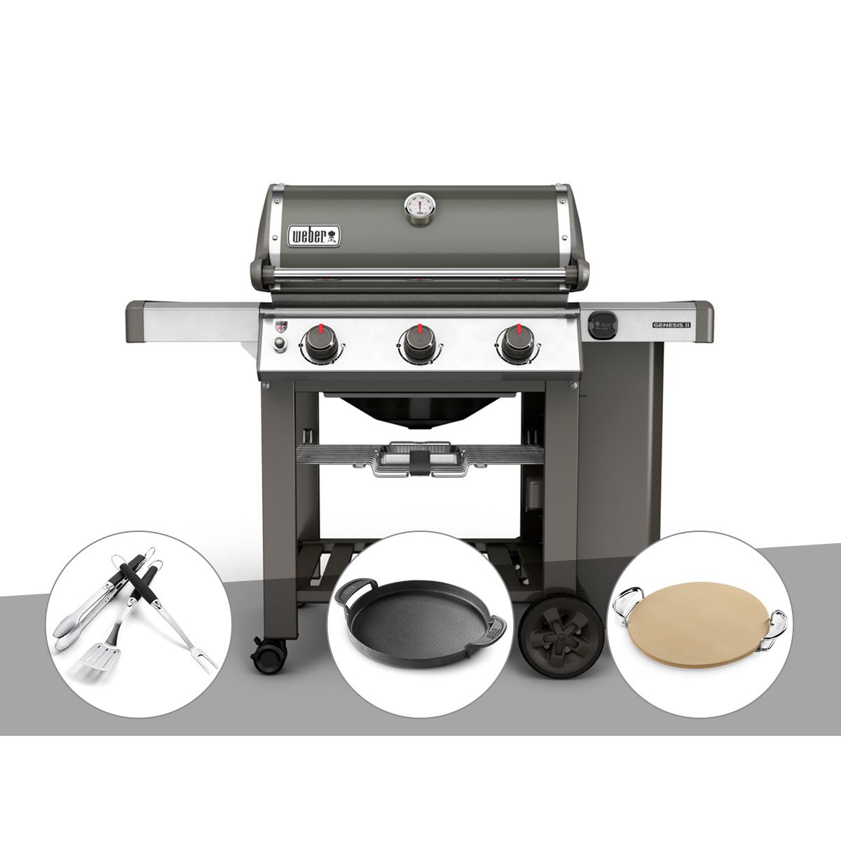 Barbecue gaz Weber Genesis II E-310 GBS Gris + Kit Ustensile + Plancha + Pierre à pizza
