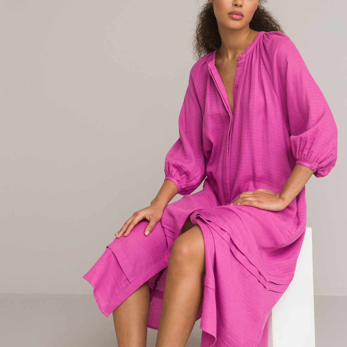 Платье Длинное из хлопчатобумажной газовой ткани с длинными рукавами 52 розовый LaRedoute, размер 52 - фото 1