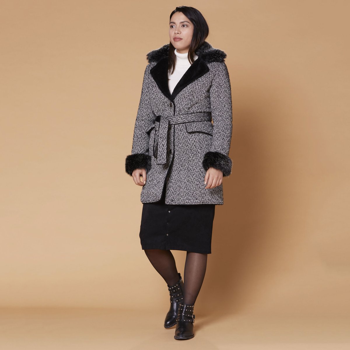Пальто La Redoute Средней длины с застежкой на пуговицы и поясом L черный, размер L - фото 2