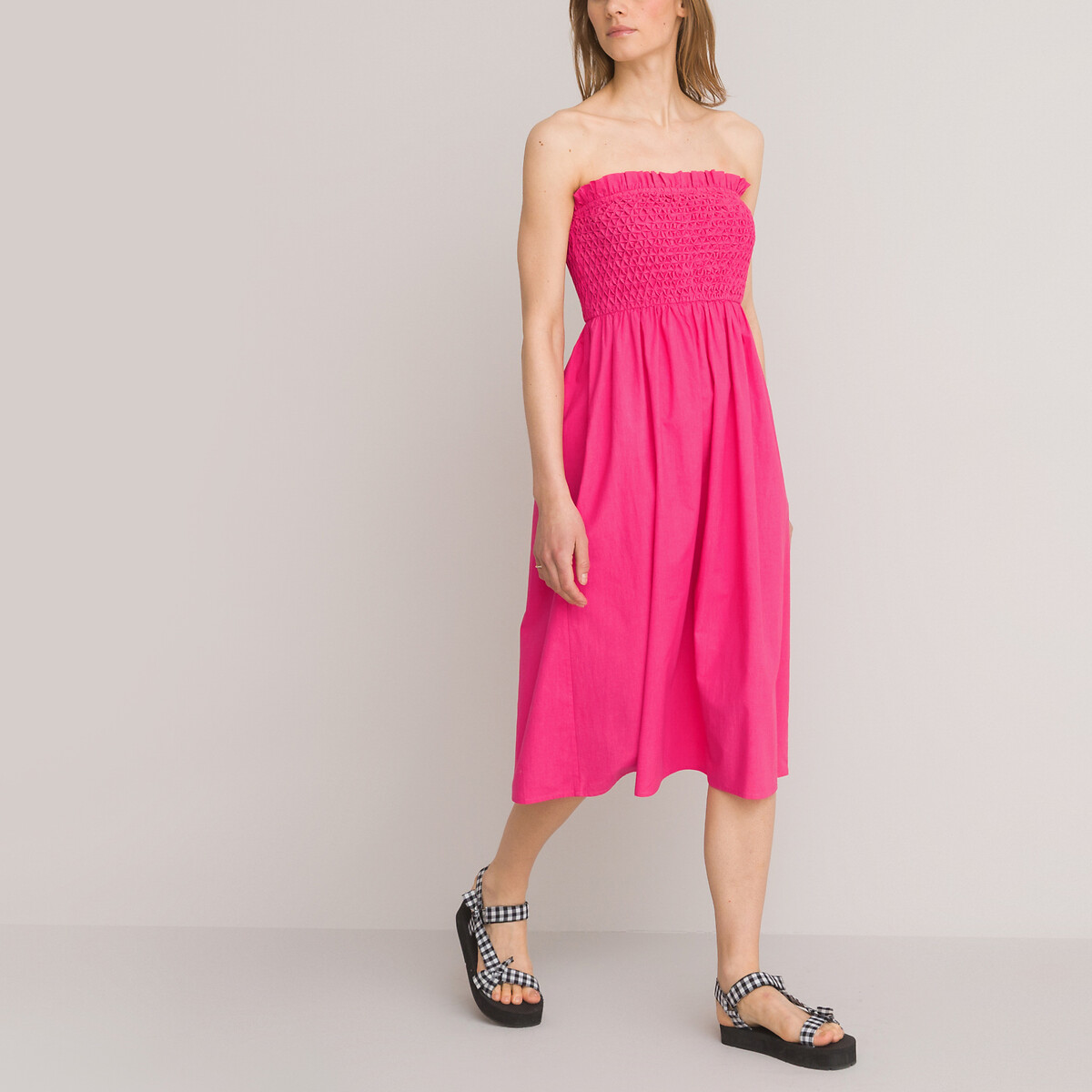 Платье-бюстье LA REDOUTE COLLECTIONS Средней длины из поплина из биохлопка 54 розовый, размер 54 - фото 2
