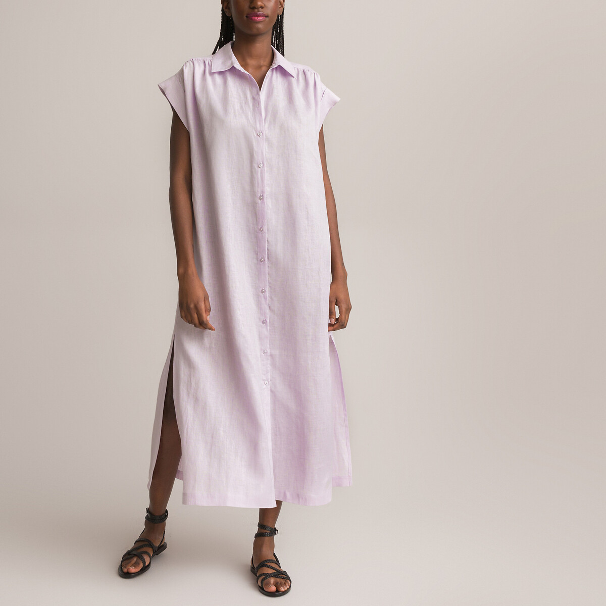 Платье-рубашка длинное 100 лен L розовый