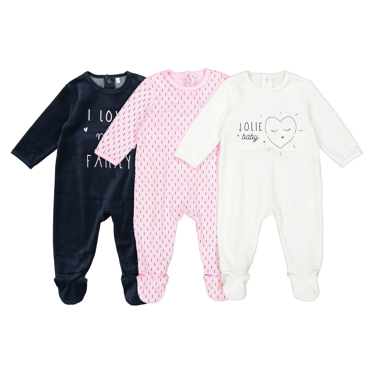 

Комплект из 3 пижам из велюра, 0 мес. - 3 года, Белый + розовый + синий