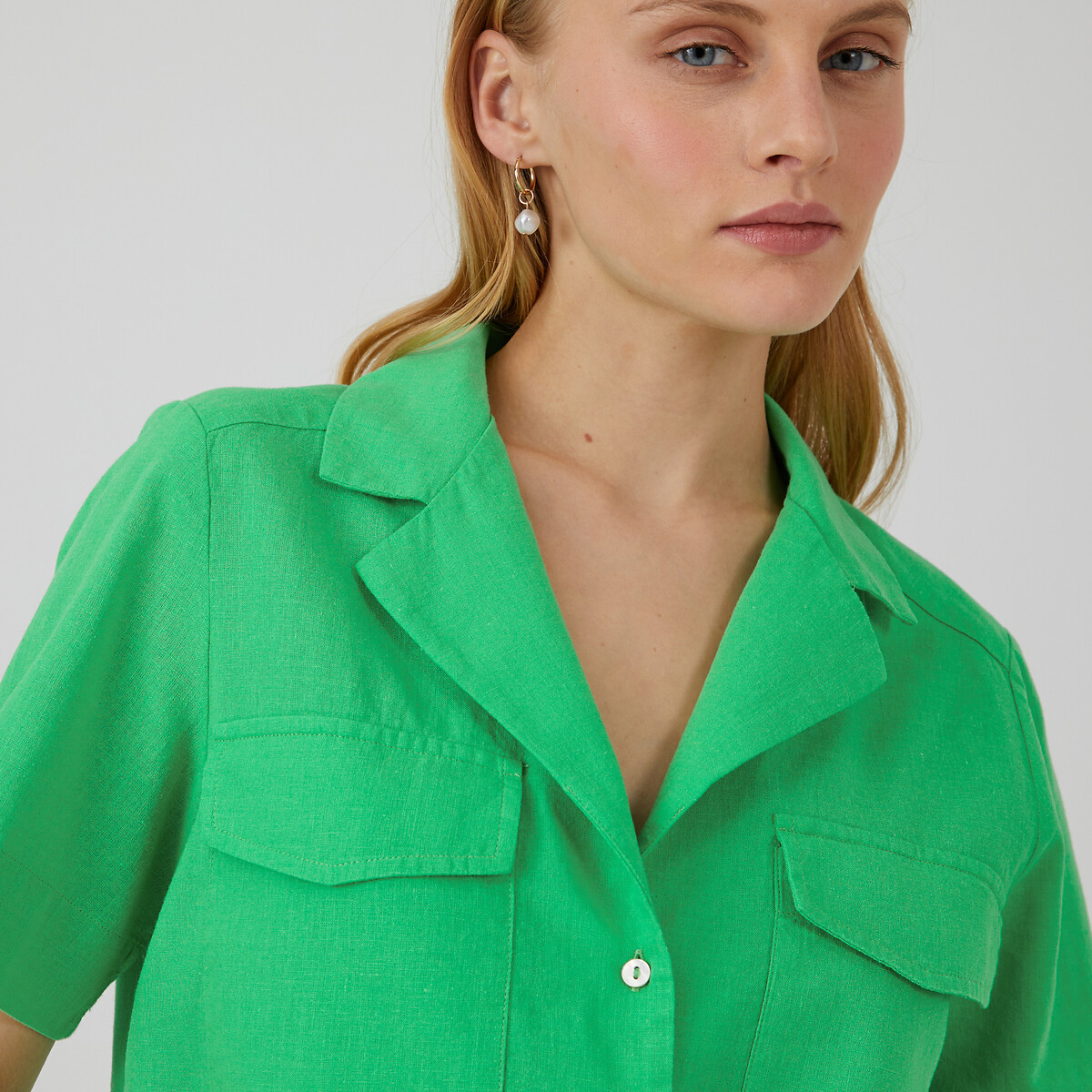 Рубашка с пиджачным воротником изо льна и хлопка  40 (FR) - 46 (RUS) зеленый LaRedoute, размер 40 (FR) - 46 (RUS) Рубашка с пиджачным воротником изо льна и хлопка  40 (FR) - 46 (RUS) зеленый - фото 1