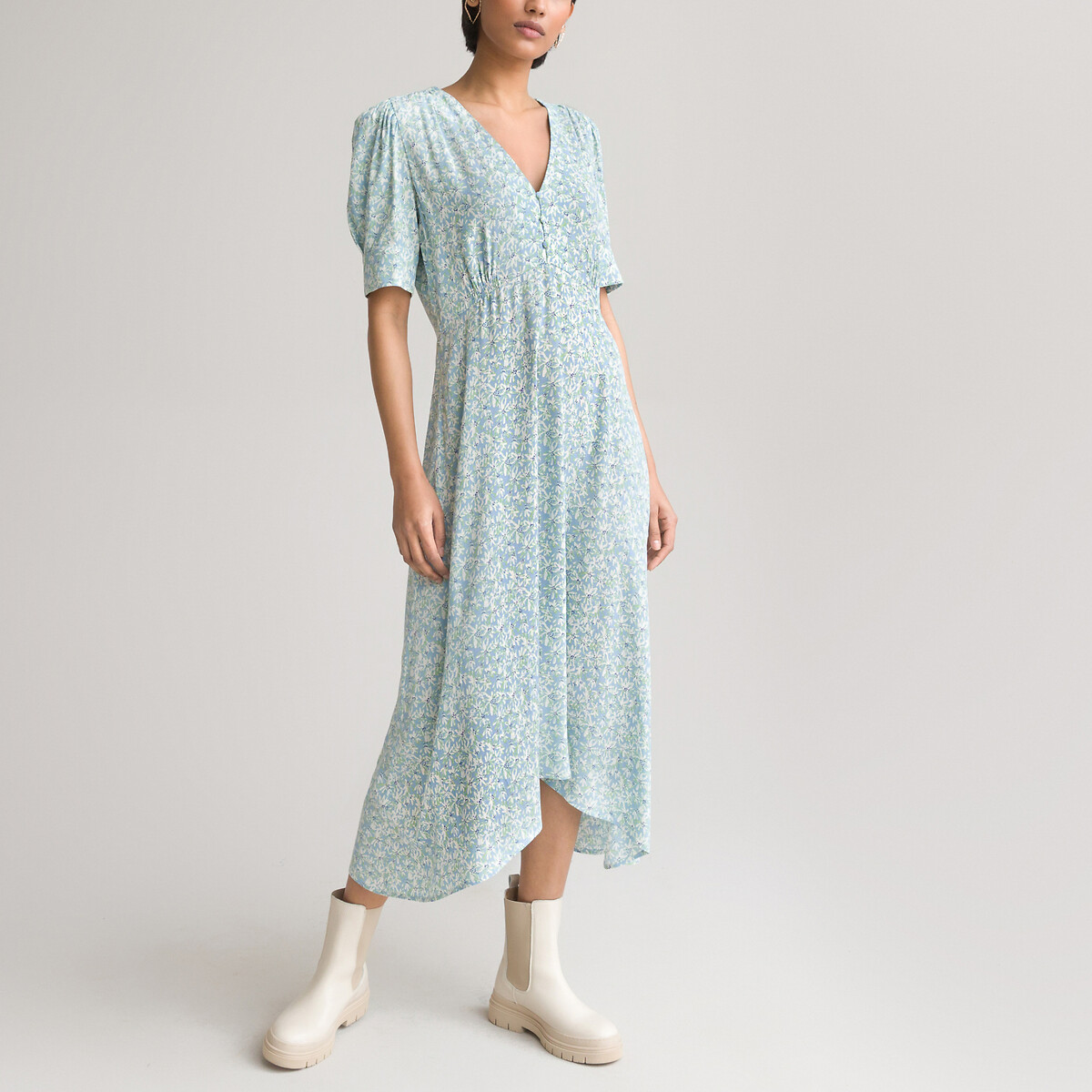 Платье LA REDOUTE COLLECTIONS Длинное с v-образным вырезом короткие рукава с принтом 42 разноцветный, размер 42 - фото 1