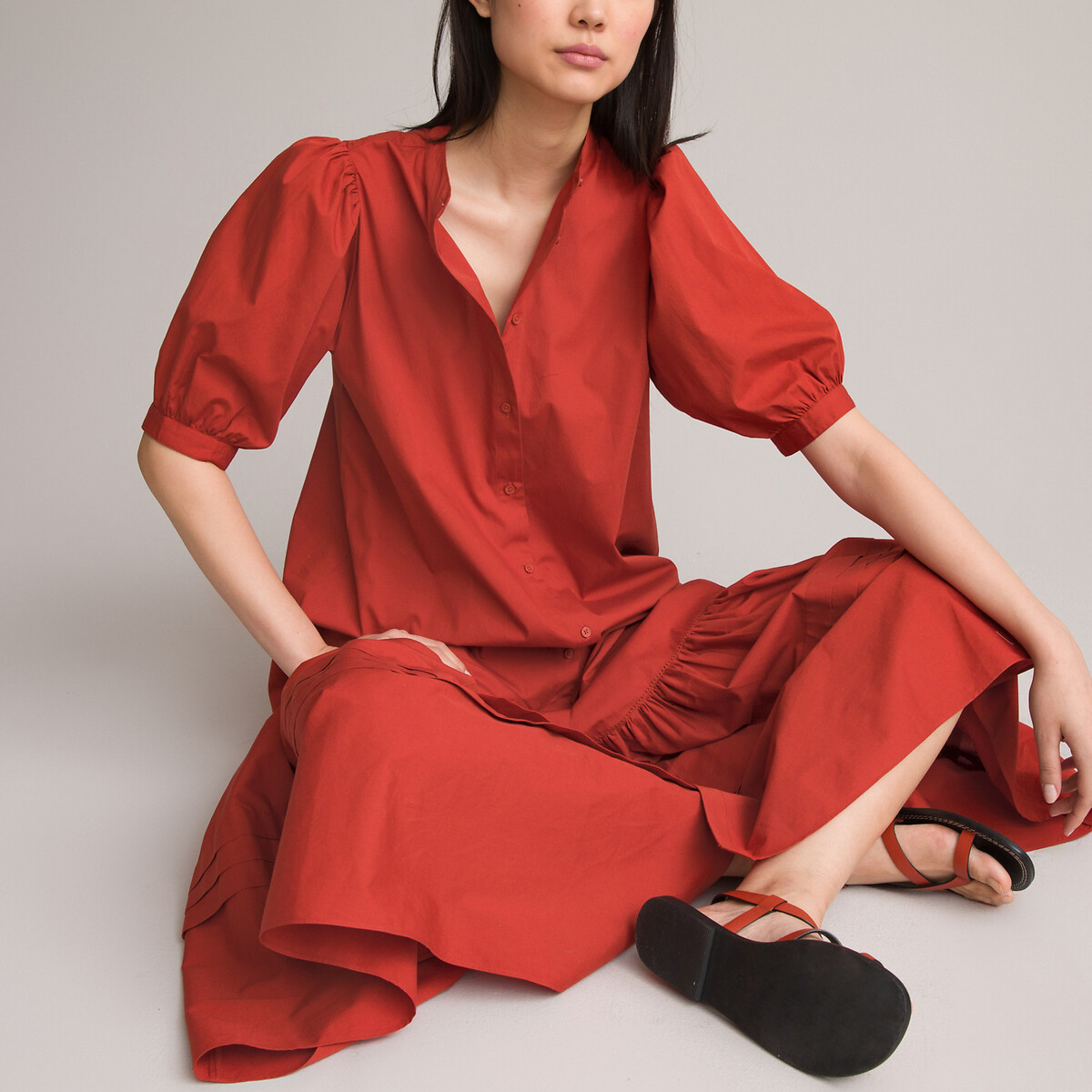 Платье С круглым вырезом и короткими рукавами с напуском низ с воланом 56 красный