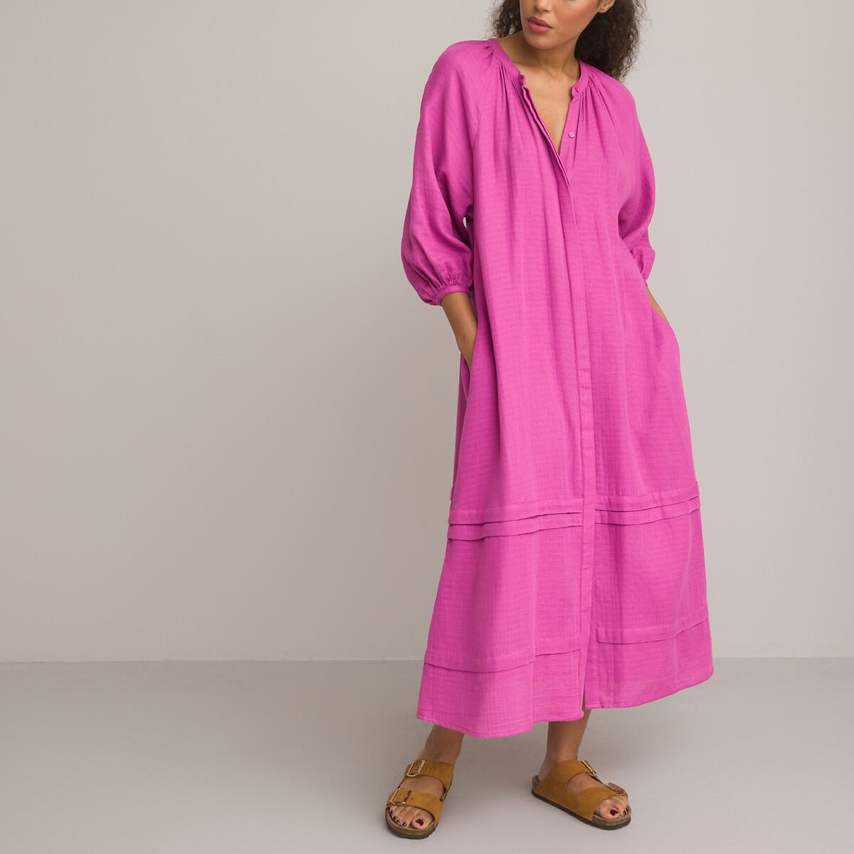 Платье Длинное из хлопчатобумажной газовой ткани с длинными рукавами 52 розовый LaRedoute, размер 52 - фото 2