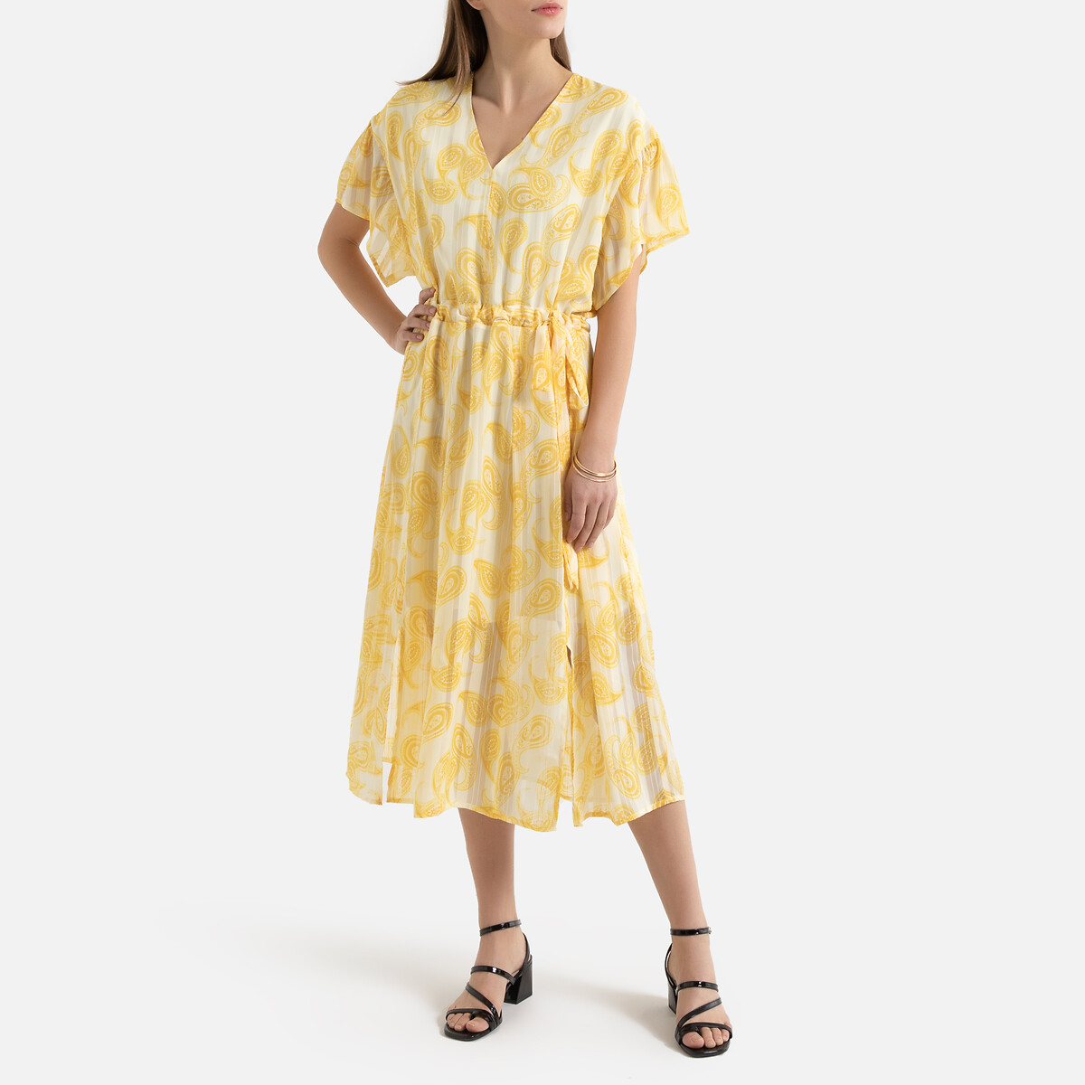 Платье С V-образным вырезом короткими рукавами с воланами и рисунком 42 желтый