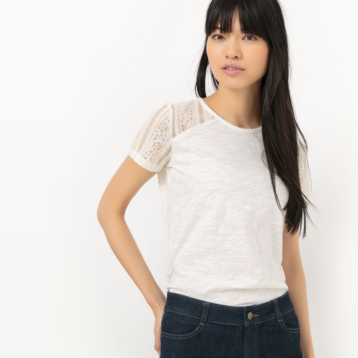 Tee-shirt fantaisie, manches dentelles