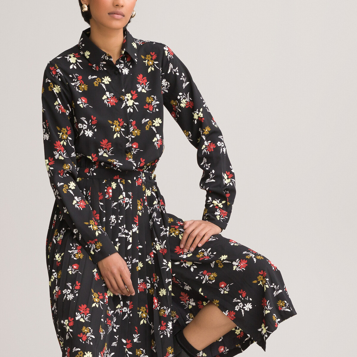 Платье-рубашка LaRedoute С низом с плиссировкой и цветочным принтом 54 черный, размер 54 - фото 2